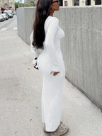 Elegant Long Sleeve Fitted Dress - Ribbed Knit Fabric, Round Neck Design, Slim Fit, Easy To Create Fashionable Look. Tip: For A More Fitted Effect, It Is Recommended To Choose One Size Smaller.