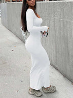 Elegant Long Sleeve Fitted Dress - Ribbed Knit Fabric, Round Neck Design, Slim Fit, Easy To Create Fashionable Look. Tip: For A More Fitted Effect, It Is Recommended To Choose One Size Smaller.