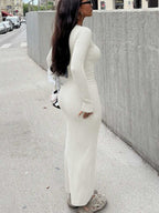 Elegant Long Sleeve Fitted Dress - Ribbed Knit Fabric, Round Neck Design, Slim Fit, Easy To Create Fashionable Look. Tip: For A More Fitted Effect, It Is Recommended To Choose One Size Smaller.