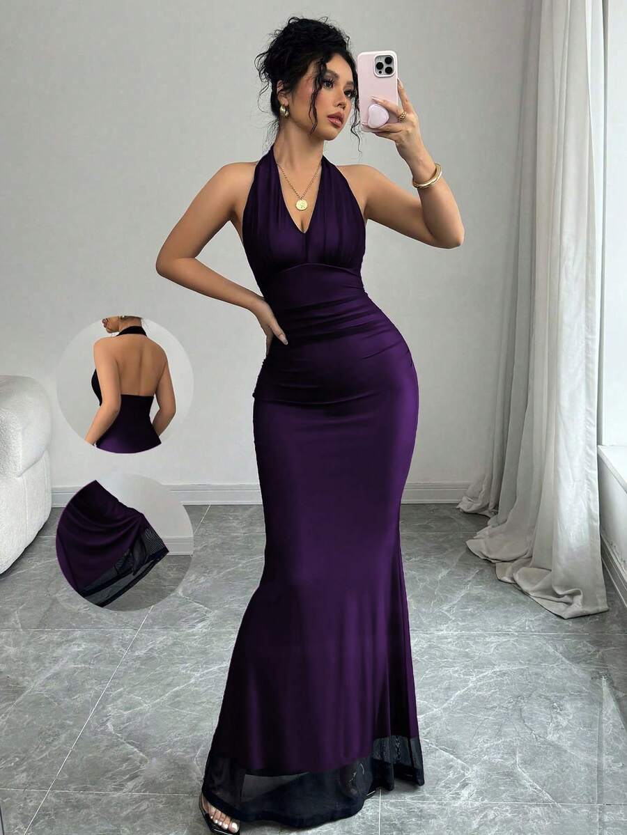 Rafferiza Elegant Bodycon Fishtail Hem V-Neck Waist Pleated Knit Mesh With Rose Red Lining Long Dress For Women, Autumn/Winter Fall Cloth For Women