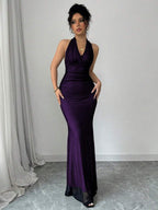 Rafferiza Elegant Bodycon Fishtail Hem V-Neck Waist Pleated Knit Mesh With Rose Red Lining Long Dress For Women, Autumn/Winter Fall Cloth For Women