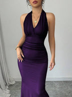 Rafferiza Elegant Bodycon Fishtail Hem V-Neck Waist Pleated Knit Mesh With Rose Red Lining Long Dress For Women, Autumn/Winter Fall Cloth For Women