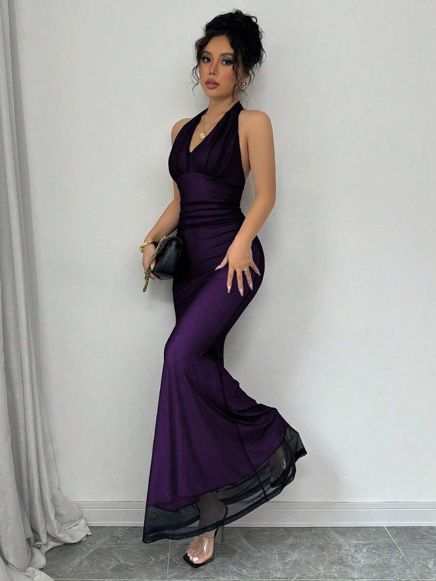 Rafferiza Elegant Bodycon Fishtail Hem V-Neck Waist Pleated Knit Mesh With Rose Red Lining Long Dress For Women, Autumn/Winter Fall Cloth For Women