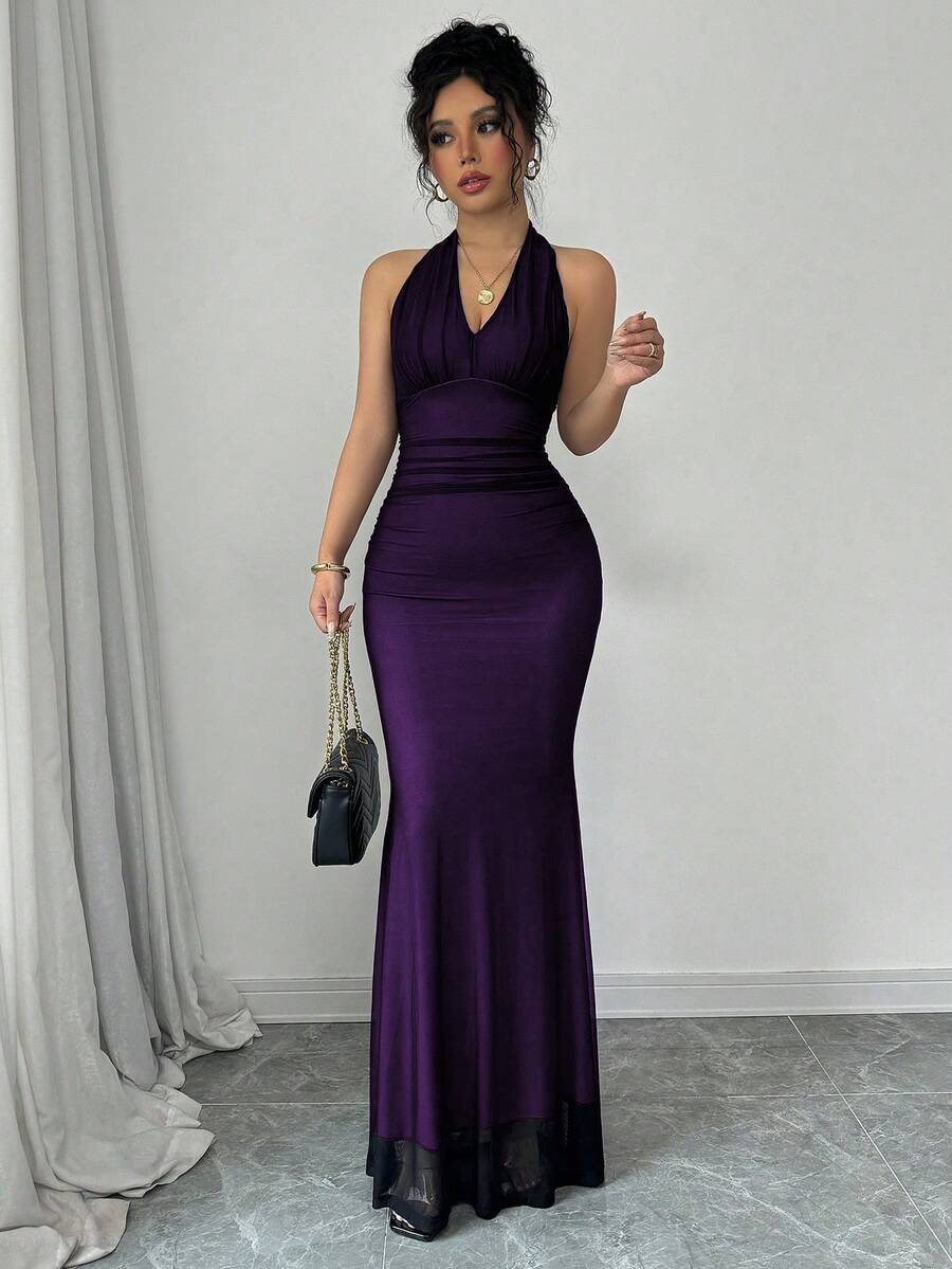 Rafferiza Elegant Bodycon Fishtail Hem V-Neck Waist Pleated Knit Mesh With Rose Red Lining Long Dress For Women, Autumn/Winter Fall Cloth For Women
