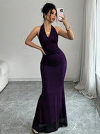 Rafferiza Elegant Bodycon Fishtail Hem V-Neck Waist Pleated Knit Mesh With Rose Red Lining Long Dress For Women, Autumn/Winter Fall Cloth For Women