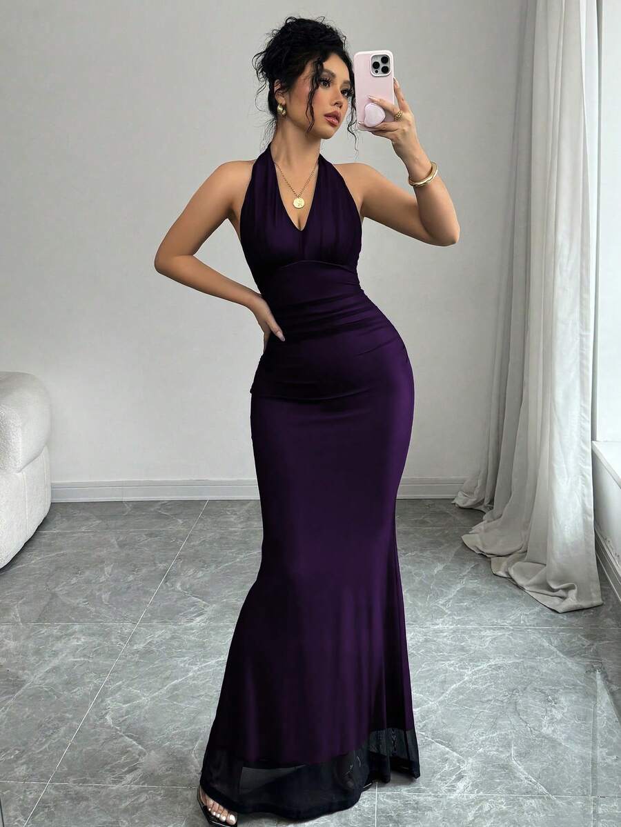 Rafferiza Elegant Bodycon Fishtail Hem V-Neck Waist Pleated Knit Mesh With Rose Red Lining Long Dress For Women, Autumn/Winter Fall Cloth For Women