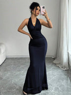 Rafferiza Elegant Bodycon Fishtail Hem V-Neck Waist Pleated Knit Mesh With Rose Red Lining Long Dress For Women, Autumn/Winter Fall Cloth For Women