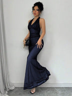 Rafferiza Elegant Bodycon Fishtail Hem V-Neck Waist Pleated Knit Mesh With Rose Red Lining Long Dress For Women, Autumn/Winter Fall Cloth For Women