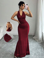 Rafferiza Elegant Bodycon Fishtail Hem V-Neck Waist Pleated Knit Mesh With Rose Red Lining Long Dress For Women, Autumn/Winter Fall Cloth For Women