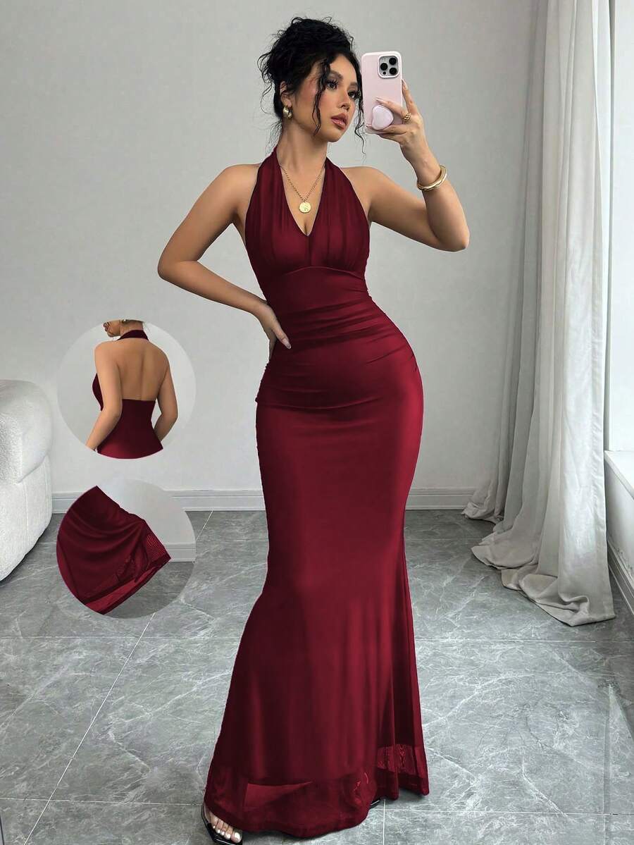 Rafferiza Elegant Bodycon Fishtail Hem V-Neck Waist Pleated Knit Mesh With Rose Red Lining Long Dress For Women, Autumn/Winter Fall Cloth For Women
