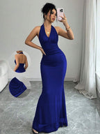 Rafferiza Elegant Bodycon Fishtail Hem V-Neck Waist Pleated Knit Mesh With Rose Red Lining Long Dress For Women, Autumn/Winter Fall Cloth For Women