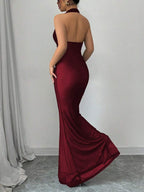 Rafferiza Elegant Bodycon Fishtail Hem V-Neck Waist Pleated Knit Mesh With Rose Red Lining Long Dress For Women, Autumn/Winter Fall Cloth For Women