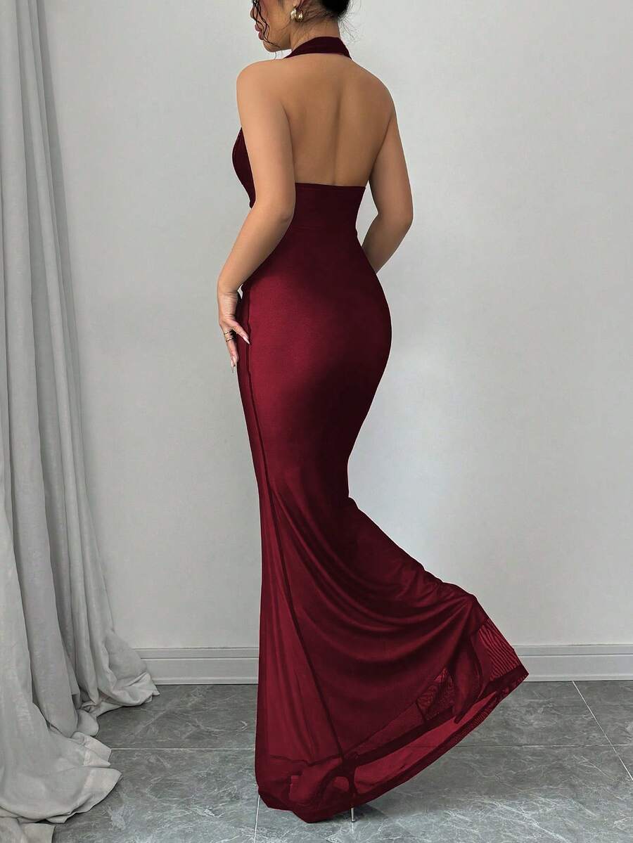 Rafferiza Elegant Bodycon Fishtail Hem V-Neck Waist Pleated Knit Mesh With Rose Red Lining Long Dress For Women, Autumn/Winter Fall Cloth For Women