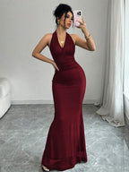 Rafferiza Elegant Bodycon Fishtail Hem V-Neck Waist Pleated Knit Mesh With Rose Red Lining Long Dress For Women, Autumn/Winter Fall Cloth For Women