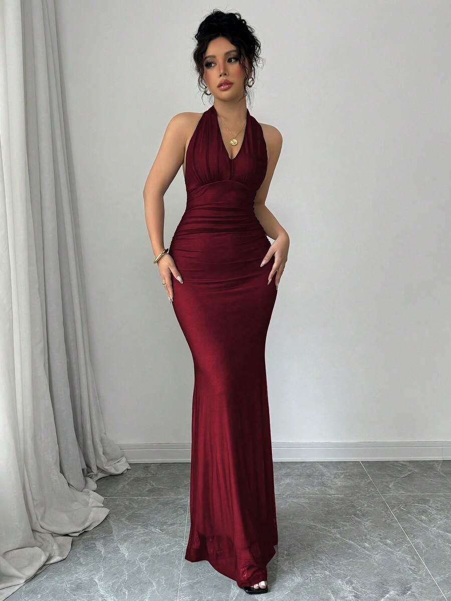 Rafferiza Elegant Bodycon Fishtail Hem V-Neck Waist Pleated Knit Mesh With Rose Red Lining Long Dress For Women, Autumn/Winter Fall Cloth For Women