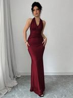 Rafferiza Elegant Bodycon Fishtail Hem V-Neck Waist Pleated Knit Mesh With Rose Red Lining Long Dress For Women, Autumn/Winter Fall Cloth For Women