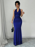 Rafferiza Elegant Bodycon Fishtail Hem V-Neck Waist Pleated Knit Mesh With Rose Red Lining Long Dress For Women, Autumn/Winter Fall Cloth For Women