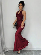 Rafferiza Elegant Bodycon Fishtail Hem V-Neck Waist Pleated Knit Mesh With Rose Red Lining Long Dress For Women, Autumn/Winter Fall Cloth For Women