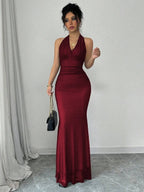 Rafferiza Elegant Bodycon Fishtail Hem V-Neck Waist Pleated Knit Mesh With Rose Red Lining Long Dress For Women, Autumn/Winter Fall Cloth For Women