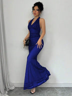 Rafferiza Elegant Bodycon Fishtail Hem V-Neck Waist Pleated Knit Mesh With Rose Red Lining Long Dress For Women, Autumn/Winter Fall Cloth For Women