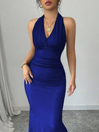 Rafferiza Elegant Bodycon Fishtail Hem V-Neck Waist Pleated Knit Mesh With Rose Red Lining Long Dress For Women, Autumn/Winter Fall Cloth For Women