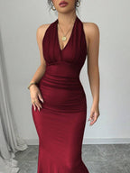 Rafferiza Elegant Bodycon Fishtail Hem V-Neck Waist Pleated Knit Mesh With Rose Red Lining Long Dress For Women, Autumn/Winter Fall Cloth For Women