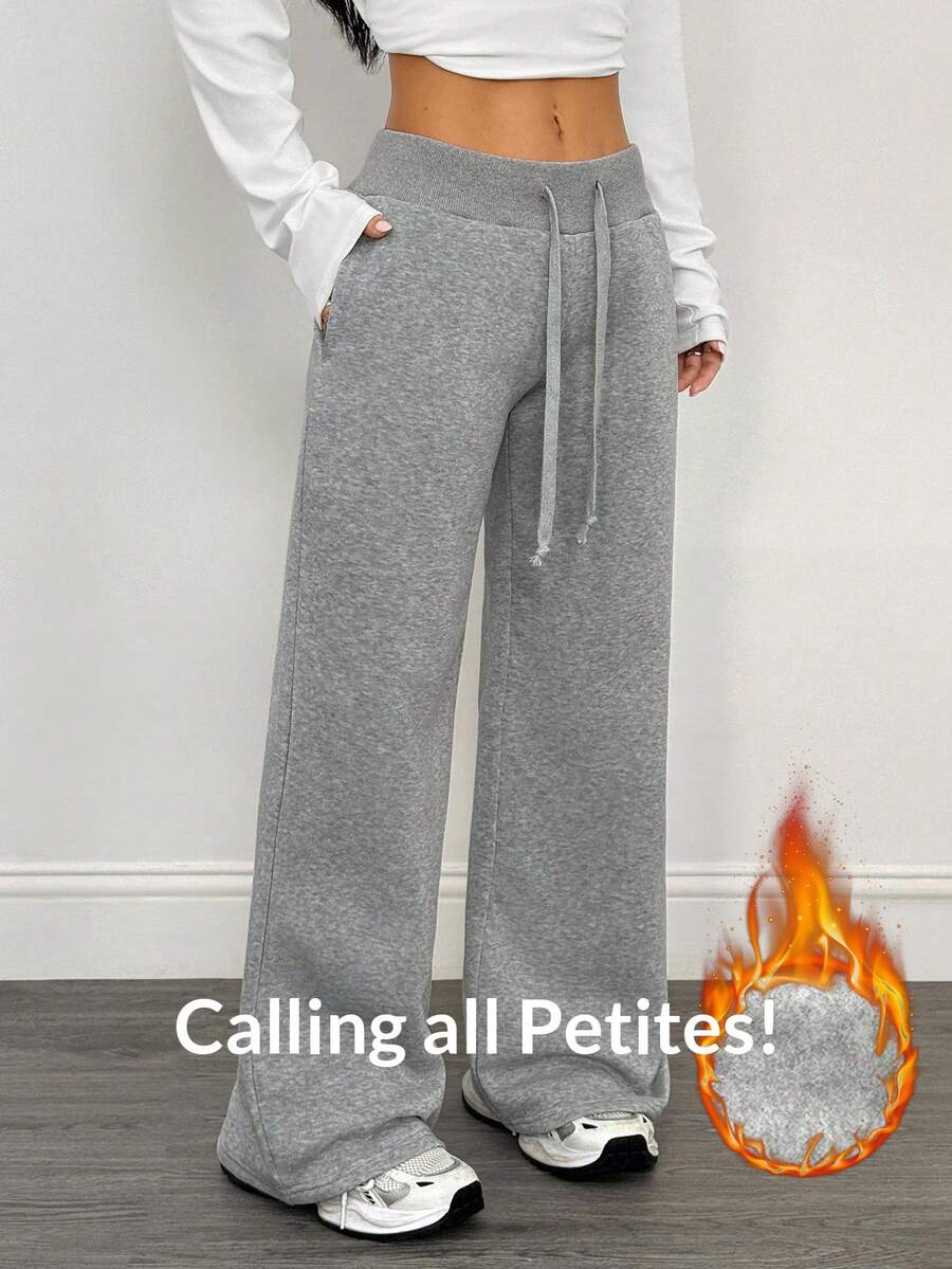 SHEIN PETITE Comfortable And Casual Plain Knitted Low-Rise Wide-Leg Women's Sweatpants Baggy