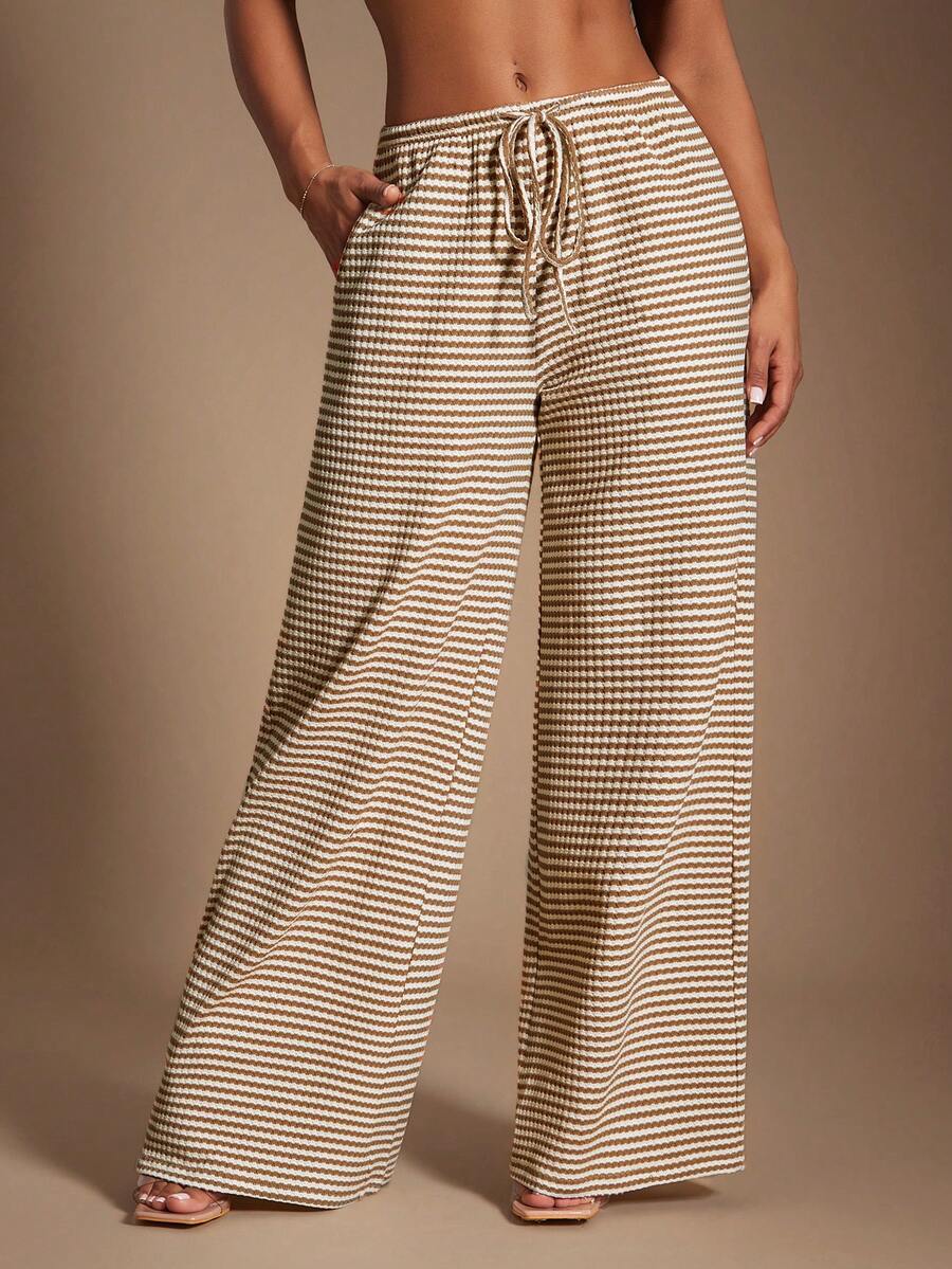 SHEIN SXY Women's Comfortable Casual Simple Low Waist Drawstring Wide Leg Pants Striped Pants Set Comfy Pants Set Women Lounge Pants Set