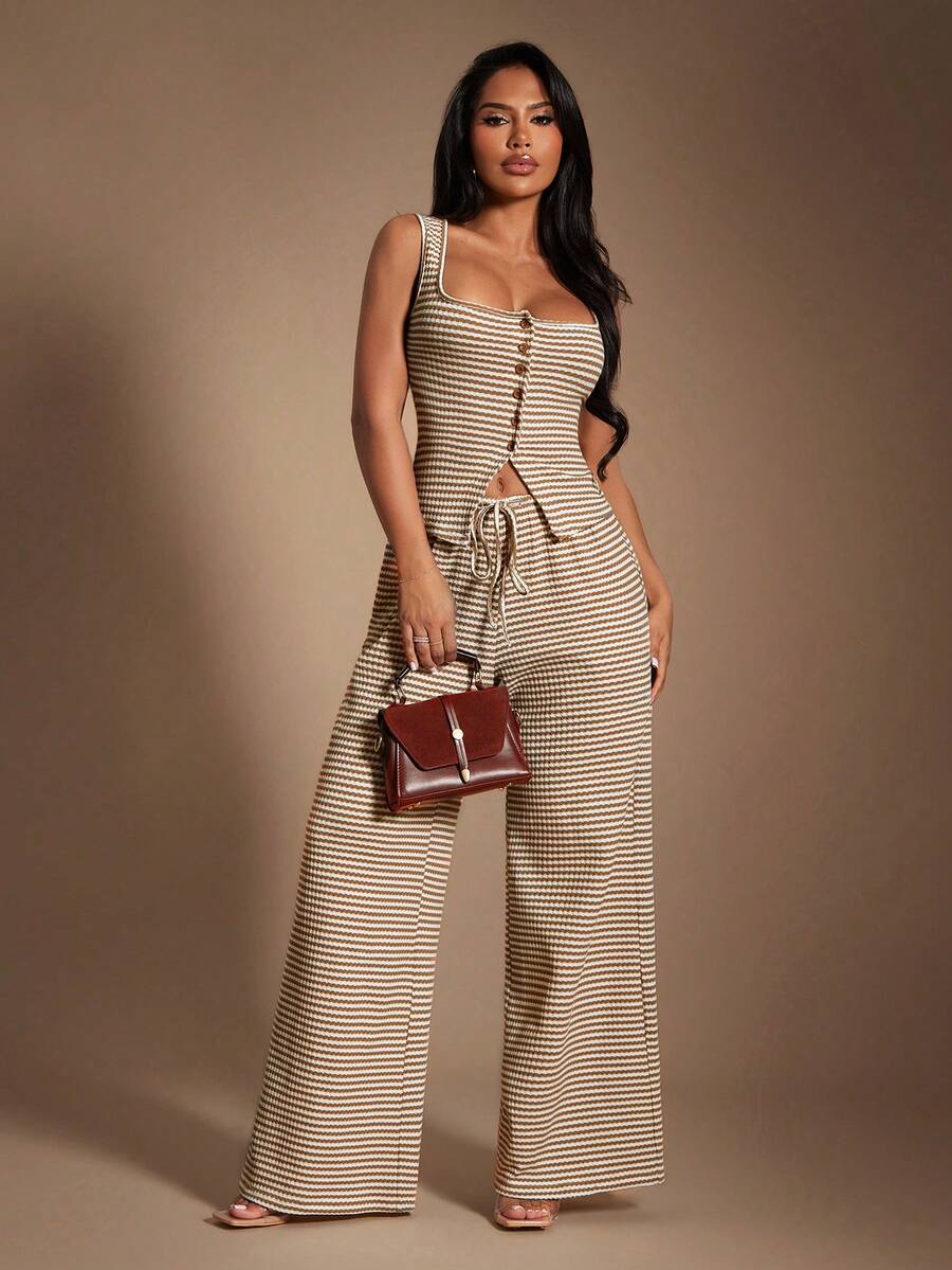 SHEIN SXY Women's Comfortable Casual Simple Low Waist Drawstring Wide Leg Pants Striped Pants Set Comfy Pants Set Women Lounge Pants Set