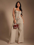 SHEIN SXY Women's Comfortable Casual Simple Low Waist Drawstring Wide Leg Pants Striped Pants Set Comfy Pants Set Women Lounge Pants Set