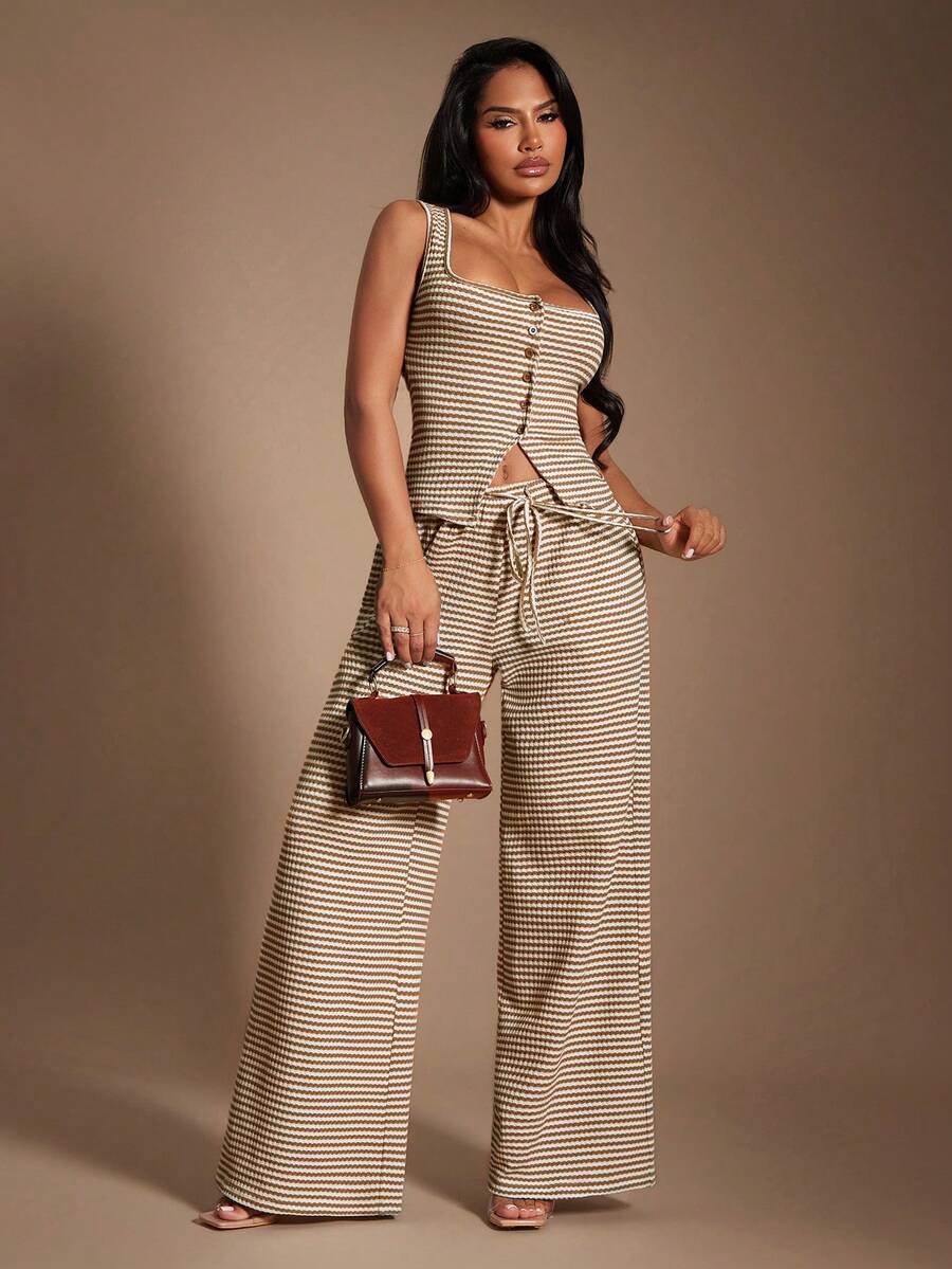 SHEIN SXY Women's Comfortable Casual Simple Low Waist Drawstring Wide Leg Pants Striped Pants Set Comfy Pants Set Women Lounge Pants Set