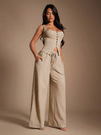 SHEIN SXY Women's Comfortable Casual Simple Low Waist Drawstring Wide Leg Pants Striped Pants Set Comfy Pants Set Women Lounge Pants Set