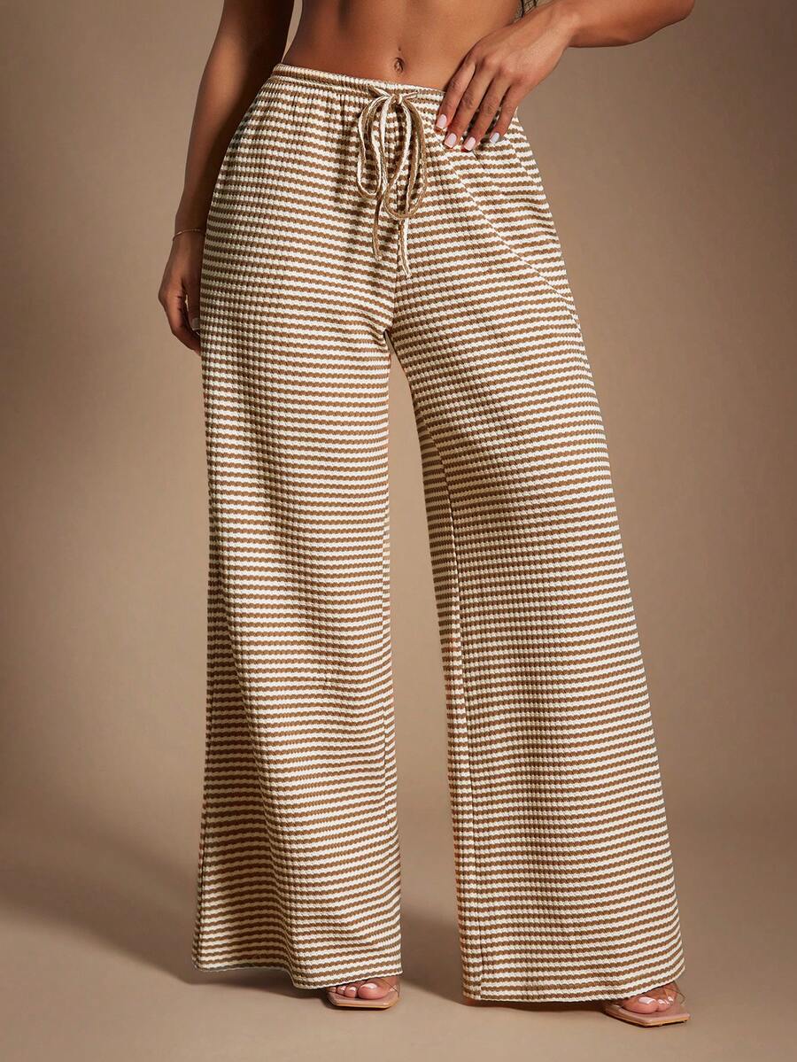 SHEIN SXY Women's Comfortable Casual Simple Low Waist Drawstring Wide Leg Pants Striped Pants Set Comfy Pants Set Women Lounge Pants Set