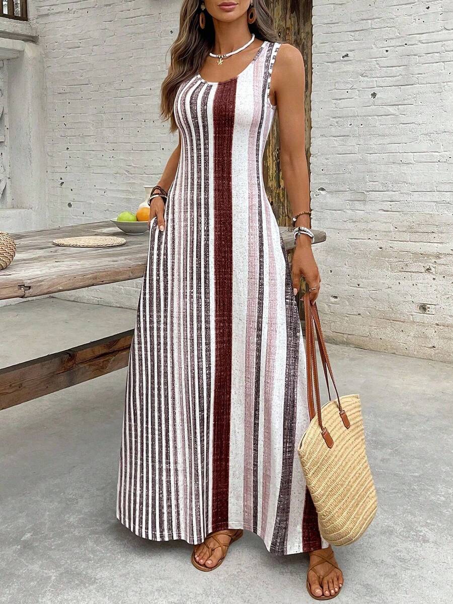 EMERY ROSE Women's Retro Striped Sleeveless Round Neck Dress
