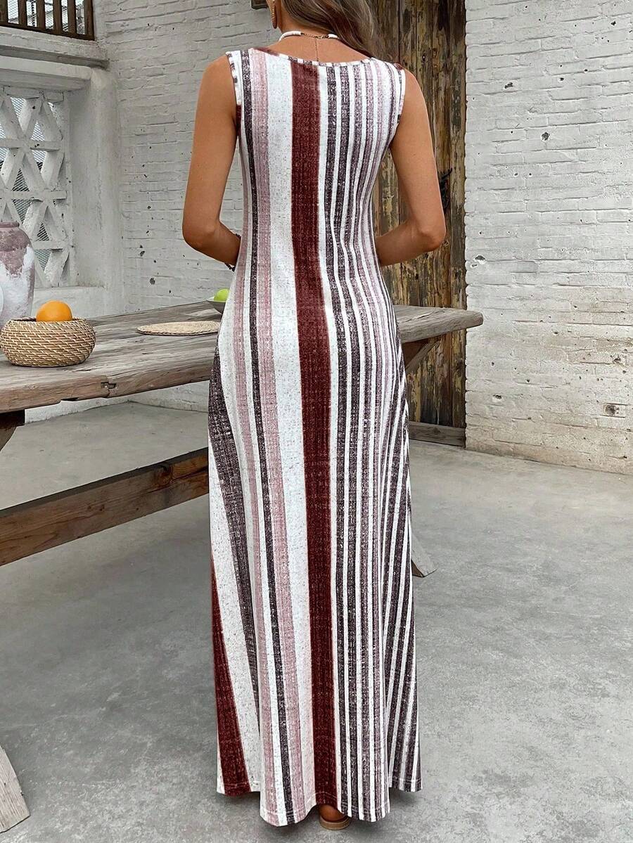 EMERY ROSE Women's Retro Striped Sleeveless Round Neck Dress