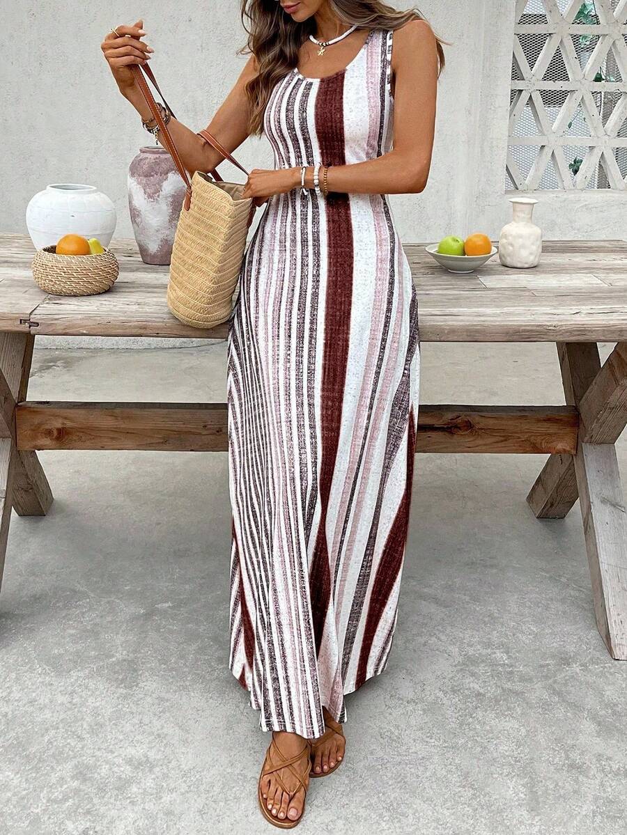EMERY ROSE Women's Retro Striped Sleeveless Round Neck Dress