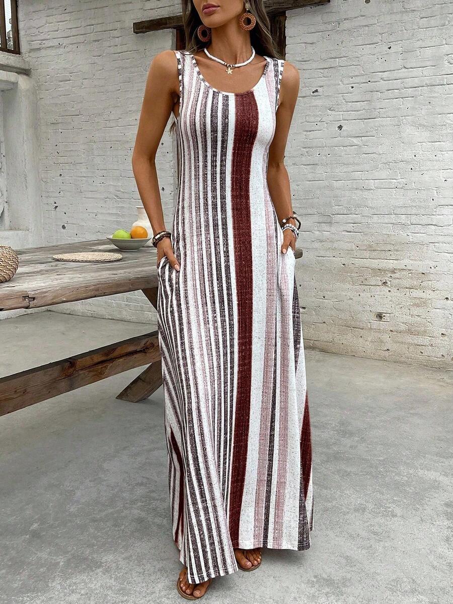 EMERY ROSE Women's Retro Striped Sleeveless Round Neck Dress