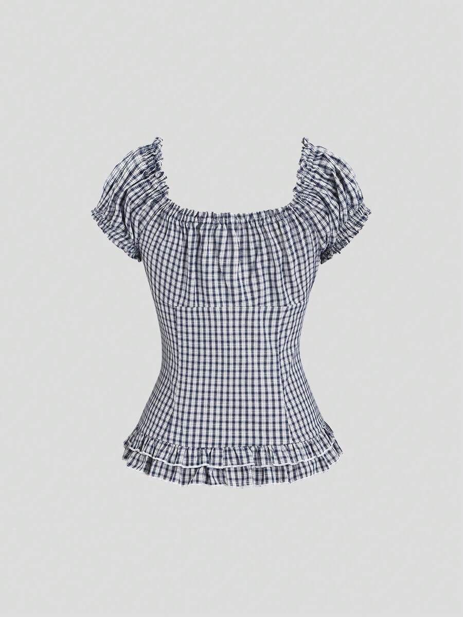 Sweetra Women's Summer Solid Color Ruffle Hem Tie Waist Short Sleeve Blouse