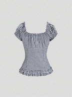 Sweetra Women's Summer Solid Color Ruffle Hem Tie Waist Short Sleeve Blouse