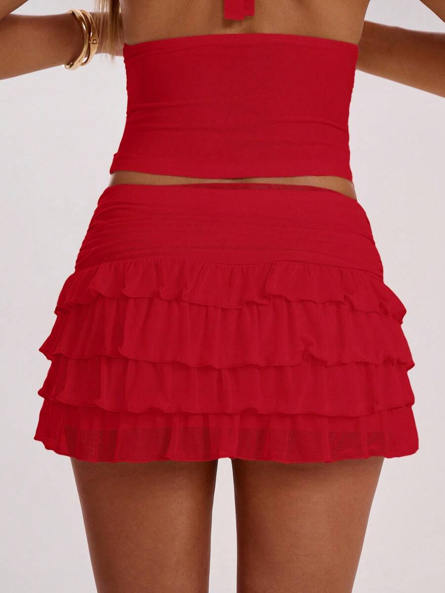 SHEIN BAE Women's Fashionable Sexy Multi-Layer Ruffle Hem Mini Skirt, Summer,Valentine's Day,Valentine Outfits For Women