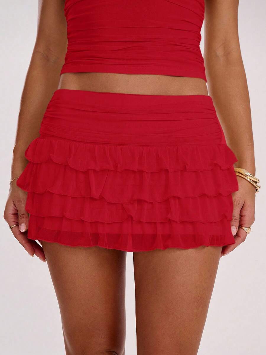 SHEIN BAE Women's Fashionable Sexy Multi-Layer Ruffle Hem Mini Skirt, Summer,Valentine's Day,Valentine Outfits For Women