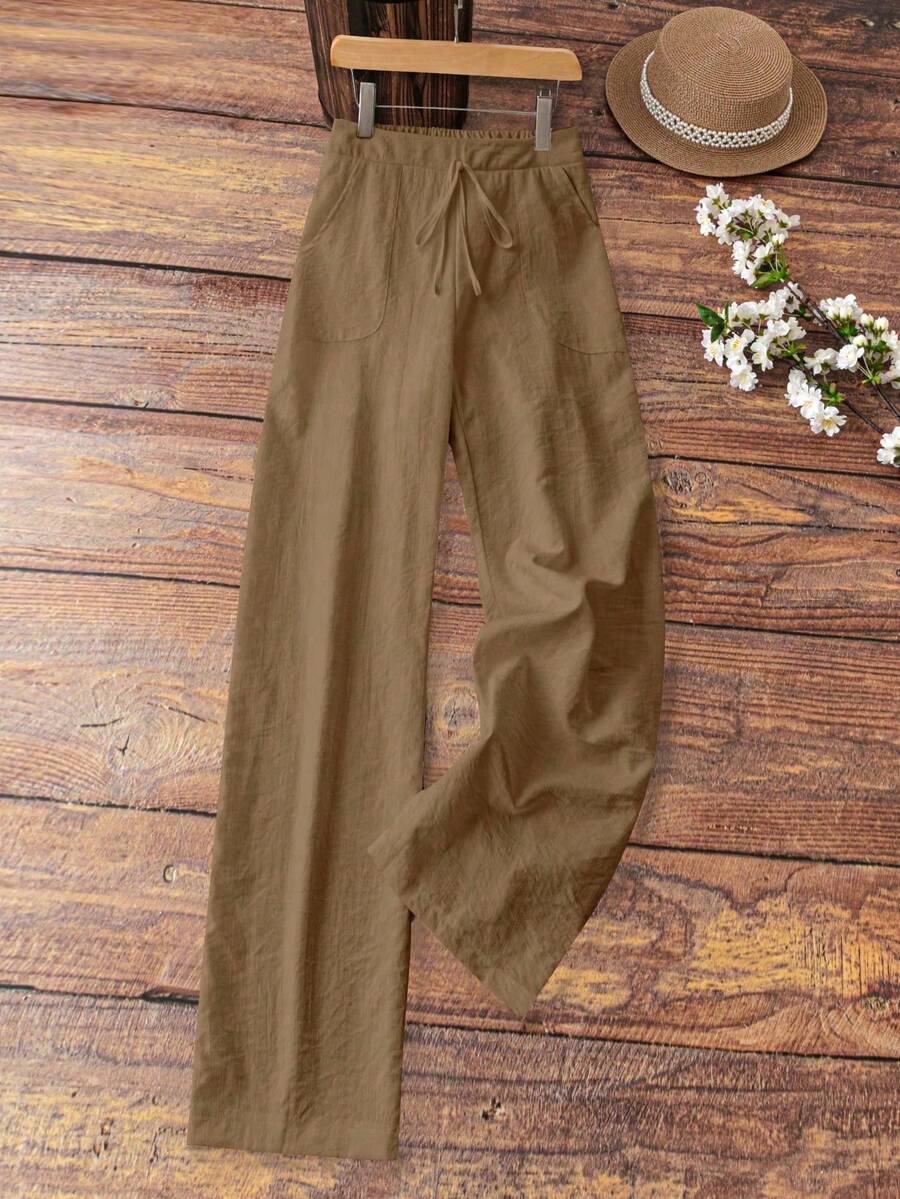 SHEIN Tall Women's Elegant French Style Vacation Casual Linen-Look White Lining Pocket Pants