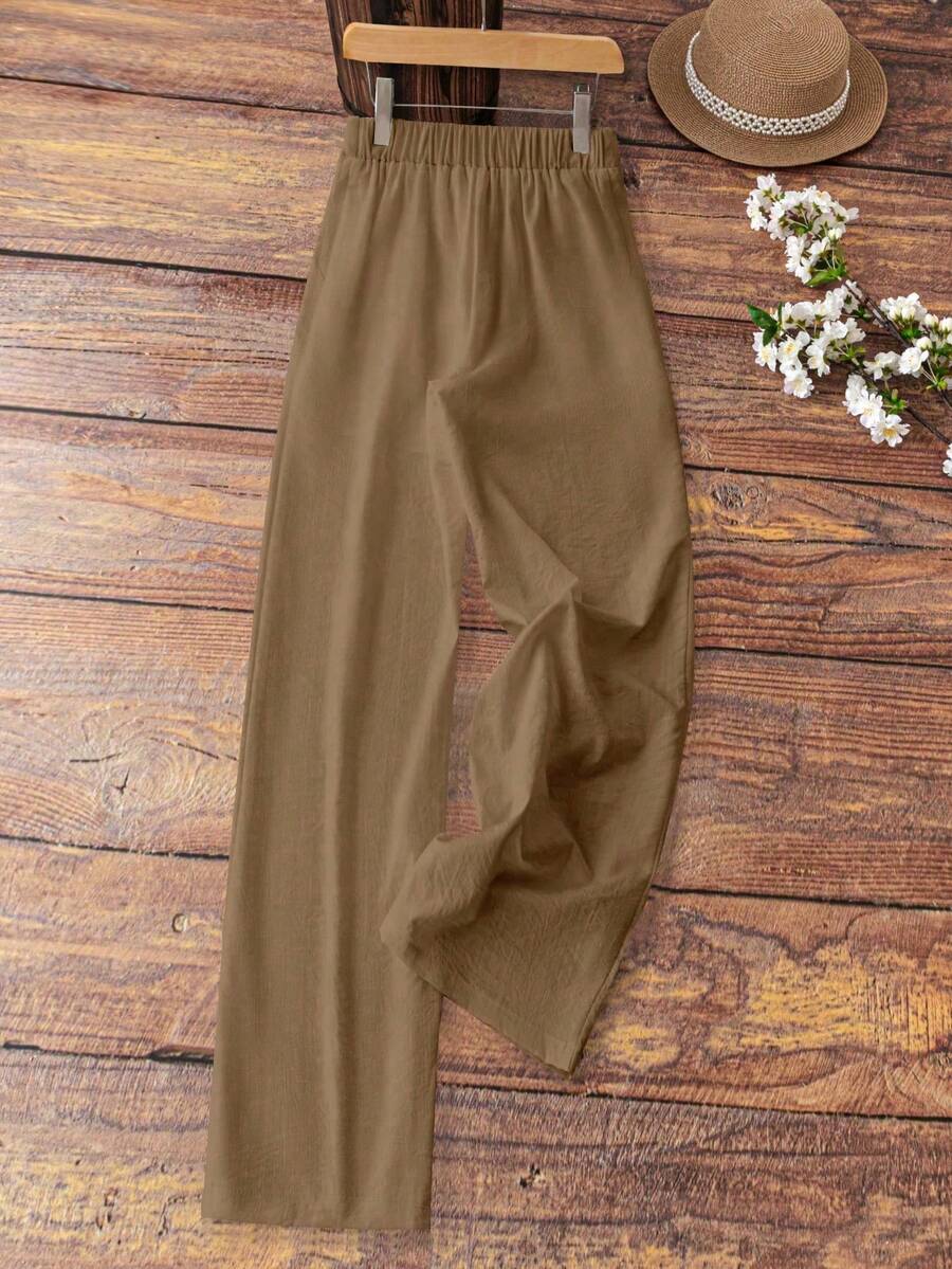 SHEIN Tall Women's Elegant French Style Vacation Casual Linen-Look White Lining Pocket Pants