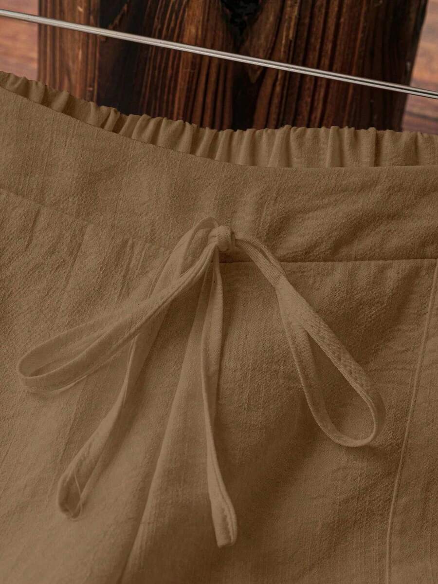SHEIN Tall Women's Elegant French Style Vacation Casual Linen-Look White Lining Pocket Pants