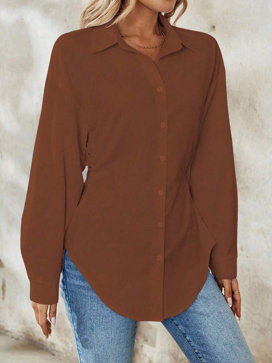 Airlisse Women's French Elegant Casual Cinched Waist Ruched Long Sleeve White Blouse, Suitable For Work And School