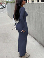 Elegant Long Sleeve Fitted Dress - Ribbed Knit Fabric, Round Neck Design, Slim Fit, Easy To Create Fashionable Look. Tip: For A More Fitted Effect, It Is Recommended To Choose One Size Smaller.