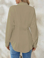 Airlisse Women's French Elegant Casual Cinched Waist Ruched Long Sleeve White Blouse, Suitable For Work And School