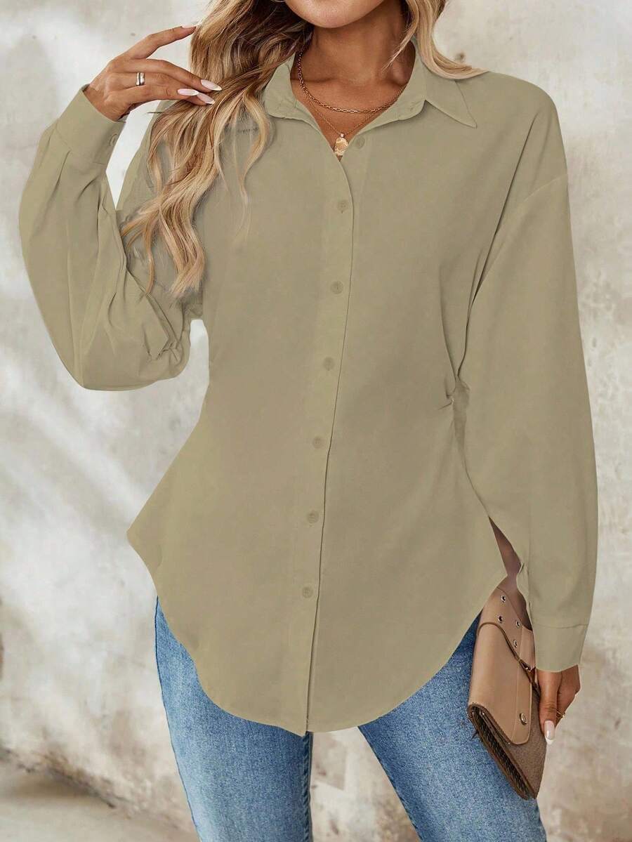 Airlisse Women's French Elegant Casual Cinched Waist Ruched Long Sleeve White Blouse, Suitable For Work And School