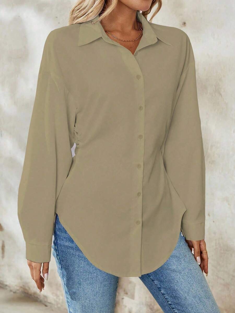 Airlisse Women's French Elegant Casual Cinched Waist Ruched Long Sleeve White Blouse, Suitable For Work And School
