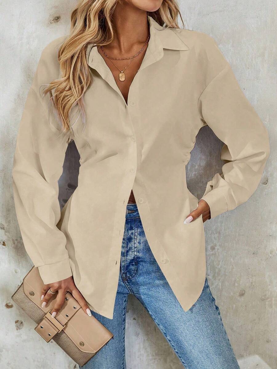 Airlisse Women's French Elegant Casual Cinched Waist Ruched Long Sleeve White Blouse, Suitable For Work And School